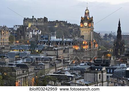 "View of the historic centre from Calton Hill with Edinburgh Castle, Tron Kirk, the town hall, the tower of the Balmoral Hotel, North Bridge, Princes Street and the Scott Monument, at dusk, Lothian, Edinburgh, Scotland, United Kingdom, Europe" View Large Photo Image Stock Photo - "View of the historic centre from Calton Hill with Edinburgh Castle, Tron Kirk, the town hall, the tower of the Balmoral Hotel, North Bridge, Princes Street and the Scott Monument, at dusk, Lothian, Edinburgh, Scotland, United Kingdom, Europe". Fotosearch