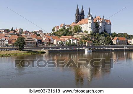 Stock Photo - "View of the historic town centre and the Elbe river, historic center, Meissen, Saxony, Germany, Europe". Fotosearch