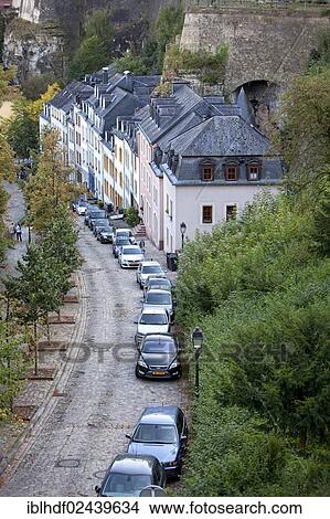 Picture - "View of the houses and streets of the lower town, Grund, Gronn, as seen from the Corniche, Luxembourg, Europe, PublicGround, Europe". Fotosearch