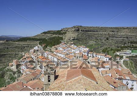 Stock Photo - "View of the houses in the mountain village of Ares del Maestre, Castello, Spain, Europe". Fotosearch