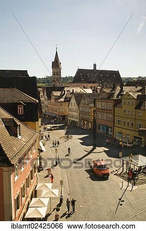 Stock Photograph - View of the market square from above, Johanniskirche Church at back, Schwaebisch Gmuend, Baden-Wuerttemberg, Germany, Europe. Fotosearch