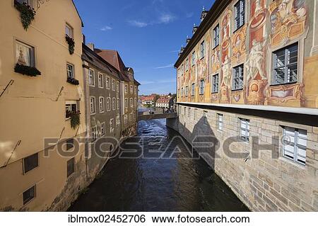 Stock Photograph - "View of the Regnitz river as seen from the old town hall, Obere Bruecke Bridge, Bamberg, Franconia, Bavaria, Germany, Europe". Fotosearch