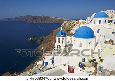 Stock Image - "View of the town of Oia, Santorini, Cyclades, Greece, Europe". Fotosearch