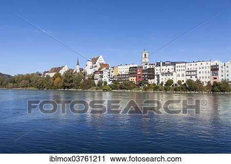 Stock Image - "View of the town of Wasserburg am Inn, Weikertsham, Wasserburg a. Inn, Upper Bavaria, Bavaria, Germany, Europe". Fotosearch