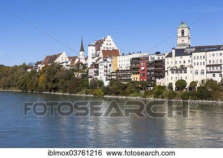 Stock Photograph - "View of the town of Wasserburg am Inn, Weikertsham, Wasserburg a. Inn, Bavaria, Germany, Europe". Fotosearch