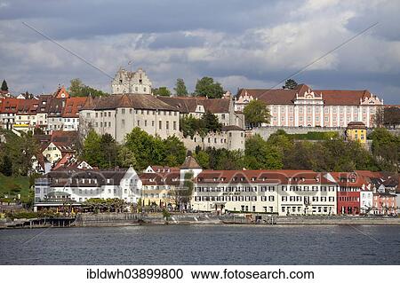 Stock Image - "View of the town with Burg Meersburg, Old Castle, and Neues Schloss, New Castle, Meersburg, Lake Constance, Baden-Wurttemberg, Germany, Europe". Fotosearch