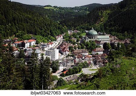 Stock Image - "View of the town with the cathedral from the Weissenstein vantage point, St. Blasien, Black Forest, Baden-Wurttemberg, Germany, Europe". Fotosearch