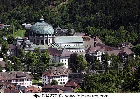 Stock Image - "View of the town with the cathedral from the Weissenstein vantage point, St. Blasien, Black Forest, Baden-Wurttemberg, Germany, Europe". Fotosearch