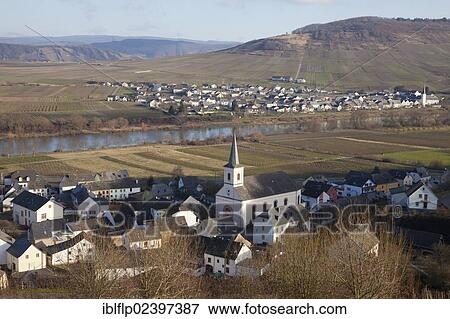"View of village with church, vineyards and river, Ensch, Moselle River, Rhineland-Palatinate, Germany, Europe" View Large Photo Image Stock Photo - "View of village with church, vineyards and river, Ensch, Moselle River, Rhineland-Palatinate, Germany, Europe". Fotosearch