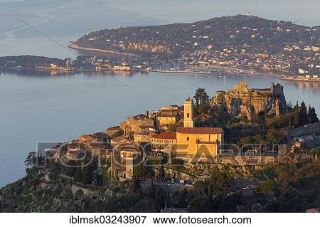 Stock Photo - "View over Eze, Saint-Jean-Cap-Ferat at the rear, morning mood, Departement Alpes-Maritimes, Region Provence-Alpes-Cote dâ€™Azur, France, Europe". Fotosearch