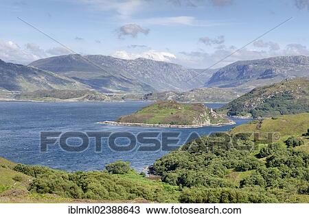 Stock Image - "View over Loch a'Chairn Bhain with the island of Eilean a'Ghamhn, county of Sutherland, Scotland, United Kingdom, Europe". Fotosearch
