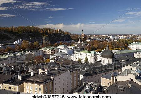 Stock Photography - "View over Salzburg from Capuchin Mountain, Salzburg, Land Salzburg, Austria, Europe". Fotosearch