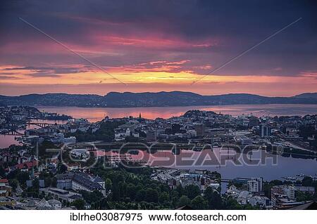Stock Photography - "View over the city of Bergen at sunset, Bergen, Bergen, Hordaland, Western Norway, Norway, Europe". Fotosearch