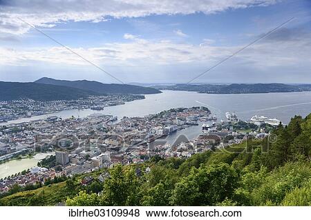 "View over the city of Bergen from Floyen Mountain, Bergen, Bergen, Hordaland, Western Norway, Norway, Europe" View Large Photo Image Stock Photo - "View over the city of Bergen from Floyen Mountain, Bergen, Bergen, Hordaland, Western Norway, Norway, Europe". Fotosearch