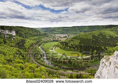 Stock Photo - "View over the Danube Valley towards Beuron Archabbey in the Danube valley, Beuron, Baden-Wuerttemberg, Germany, Europe". Fotosearch