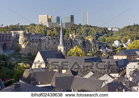 "View over the lower town, Grund, Gronn, towards the EU-buildings in the European quarter, Kirchberg-Plateau, Luxembourg City, Europe, PublicGround" View Large Photo Image Stock Photo - "View over the lower town, Grund, Gronn, towards the EU-buildings in the European quarter, Kirchberg-Plateau, Luxembourg City, Europe, PublicGround". Fotosearch