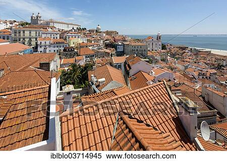 Stock Photography - "View over the red rooftops of Lisbon, historic center, Lisbon, Lisbon District, Portugal, Europe". Fotosearch