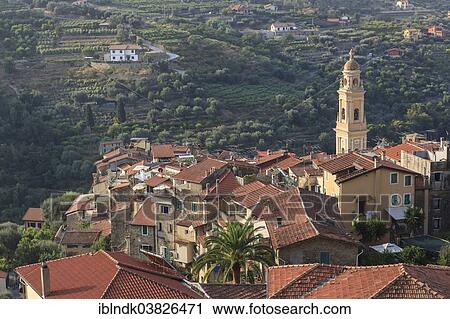 "View over the red rooftops of Vallebona with the Church of San Lorenzo, Vallebona, Liguria, Italy, Europe" View Large Photo Image Stock Image - "View over the red rooftops of Vallebona with the Church of San Lorenzo, Vallebona, Liguria, Italy, Europe". Fotosearch