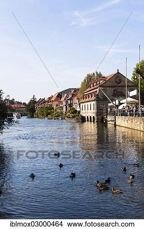 Picture - "View over the Regnitz River towards Little Venice in Bamberg, Bamberg, Upper Franconia, Bavaria, Germany, Europe". Fotosearch