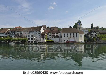 Stock Image - "View over the Rhine on the old town, Eglisau, Canton of Zurich, Switzerland, Europe". Fotosearch