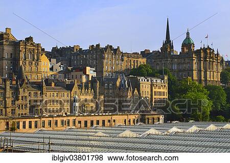 Stock Photo - "View over the roof of the main station on the city with the University of Edinburgh, Edinburgh, Scotland, United Kingdom, Europe". Fotosearch
