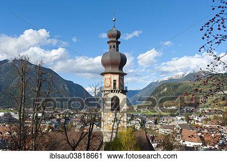 "View over the town towards Ahrntal valley with the steeple of the Rain Church of St. Catherine, historic town centre of Brunico, Alto Adige, Trentino-Alto Adige, Italy, Europe" View Large Photo Image Stock Image - "View over the town towards Ahrntal valley with the steeple of the Rain Church of St. Catherine, historic town centre of Brunico, Alto Adige, Trentino-Alto Adige, Italy, Europe". Fotosearch