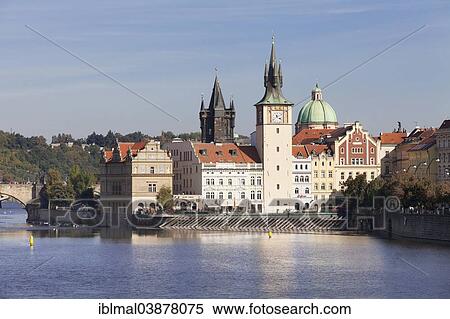 Stock Photography - "View over the Vltava River to the Bedrich Smetana Museum and the Old Town Bridge Tower, Prague, Bohemia, Czech Republic, Europe". Fotosearch