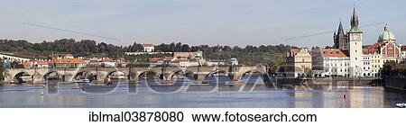 Stock Image - "View over the Vltava River with the Bedrich Smetana Museum and Charles Bridge, Prague, Bohemia, Czech Republic, Europe". Fotosearch