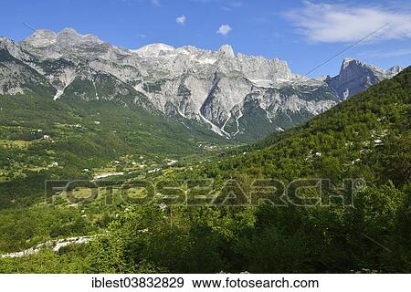 Stock Photo - "View over Thethi valley towards Radohima and Arapi mountains, Theth, Theth National Park, Albanian Alps, Albania, The Balkans, Europe". Fotosearch
