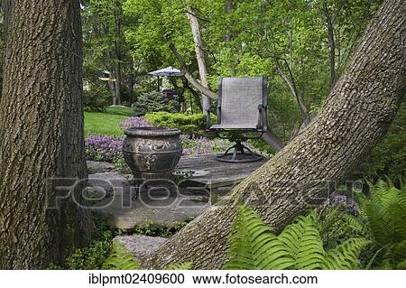 "View through two tree trunks of a planter and a chair on a raised platform in a landscaped backyard garden in spring, Quebec, Canada - This image is property released for book, calendar, magazine, newspaper and editorial use only. " View Large Photo Image Stock Image - "View through two tree trunks of a planter and a chair on a raised platform in a landscaped backyard garden in spring, Quebec, Canada - This image is property released for book, calendar, magazine, newspaper and editorial use only. ". Fotosearch