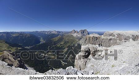 Stock Photograph - "View towards Canazei in Val di Fassa valley, Langkofel Group, centre, Sass Pordoi Mountain, Pordoi Pass, Sella Group, Dolomites, Belluno province, Italy, Europe". Fotosearch