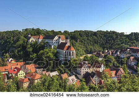 Picture - View towards Haigerloch Castle and the Pilgrimage Church of St. Anna, Haigerloch, Baden-Wuerttemberg, Germany, Europe, PublicGround, Europe. Fotosearch
