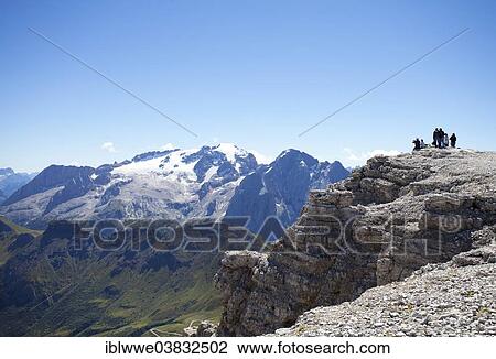 Stock Image - "View towards Marmolada Glacier, Sass Pordoi Mountain, summit of Pordoi Pass, Sella Group, Dolomites, Trentino province, Italy, Europe". Fotosearch