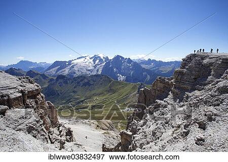 Stock Photo - "View towards Marmolada Glacier, Sass Pordoi Mountain, summit of Pordoi Pass, Sella Group, Dolomites, Trentino province, Italy, Europe". Fotosearch