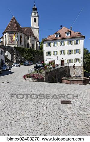 Stock Image - "View towards the Collegiate Church of the Holy Cross, Horb am Neckar, Black Forest, Baden-Wuerttemberg, Germany, Europe, PublicGround, Europe". Fotosearch