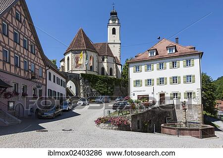 Stock Photograph - "View towards the Collegiate Church of the Holy Cross, Horb am Neckar, Black Forest, Baden-Wuerttemberg, Germany, Europe, PublicGround, Europe". Fotosearch