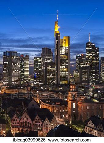 "Views of the city skyline at dusk and lit skyscrapers, city centre, Frankfurt am Main, Hesse, Germany, Europe" View Large Photo Image Stock Photograph - "Views of the city skyline at dusk and lit skyscrapers, city centre, Frankfurt am Main, Hesse, Germany, Europe". Fotosearch