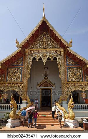 Stock Image - "Viharn Luang, Naga figures at the entrance, Wat Phra Singh, Chiang Mai, Northern Thailand, Thailand, Asia". Fotosearch