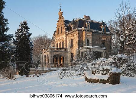 Picture - "Villa Haar with park in the snow, building in the neo-Renaissance style, 1885, now a meeting and conference venue, Park on the Ilm River in winter, Weimar, Thuringia, Germany, Europe". Fotosearch
