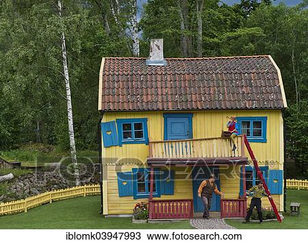 Stock Image - "Villa Villekulla, scene from the children's book """"Pippi Longstocking"""" by children's author Astrid Lindgren, Astrid Lindgren's World World theme park, Vimmerby, Smaland, Sweden, Europe". Fotosearch
