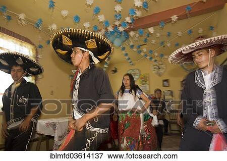 Stock Photo - "Village festival, dancers in the house of a new Mayordomo, San Miguel, Cuetzalan, Puebla, Mexico, North America". Fotosearch