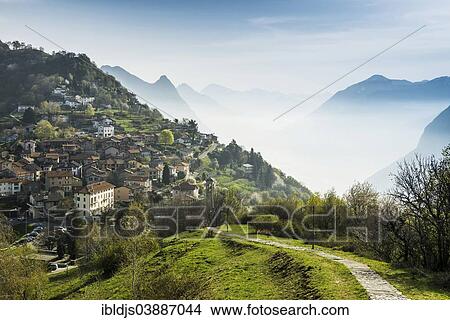 Picture - "Village of Bre, Monte Bre, Lugano, Lake Lugano, Lago di Lugano, Canton Ticino, Switzerland, Europe". Fotosearch