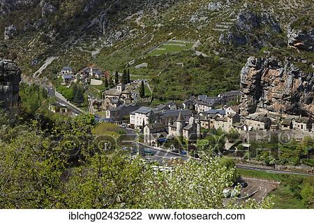 Stock Image - "Village of La Malene, The Causses and the Cevennes, UNESCO World Heritage Site, Parc National des Cevennes, Cevennes National Park, Gorges du Tarn, Lozere, Languedoc-Roussillon, France, Europe". Fotosearch
