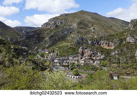 Stock Image - "Village of La Malene, The Causses and the Cevennes, UNESCO World Heritage Site, Parc National des Cevennes, Cevennes National Park, Gorges du Tarn, Lozere, Languedoc-Roussillon, France, Europe". Fotosearch