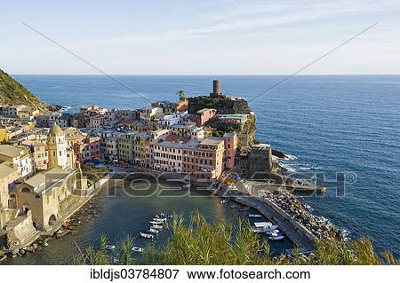 Stock Photo - "Village with colorful houses by the sea, Vernazza, Cinque Terre, La Spezia Province, Liguria, Italy, Europe". Fotosearch