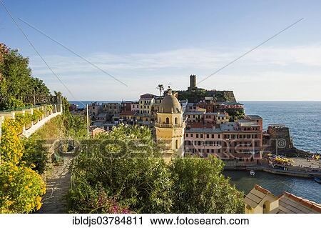 Stock Image - "Village with colorful houses near the sea, Vernazza, Cinque Terre, La Spezia Province, Liguria, Italy, Europe". Fotosearch