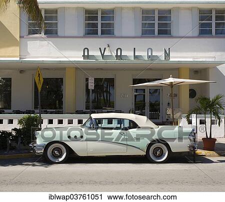 Stock Image - "Vintage car, Ocean Drive, Art Deco District, Miami, Miami-Dade County, Florida, United States, North America". Fotosearch