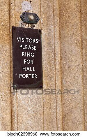 "Visitors please ring for hall porter"""" sign by door bell button, Camberley, Hampshire, England, United Kingdom, Europe" View Large Photo Image Stock Photo - "Visitors please ring for hall porter"""" sign by door bell button, Camberley, Hampshire, England, United Kingdom, Europe". Fotosearch