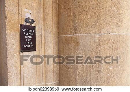 "Visitors please ring for hall porter"""" sign by door bell button, Camberley, Hampshire, England, United Kingdom, Europe" View Large Photo Image Stock Photo - "Visitors please ring for hall porter"""" sign by door bell button, Camberley, Hampshire, England, United Kingdom, Europe". Fotosearch