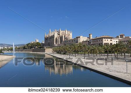 Stock Photo - Viw towards La Seu Cathedral, historic town centre, Palma de Mallorca, Majorca, Balearic Islands, Spain, Europe. Fotosearch